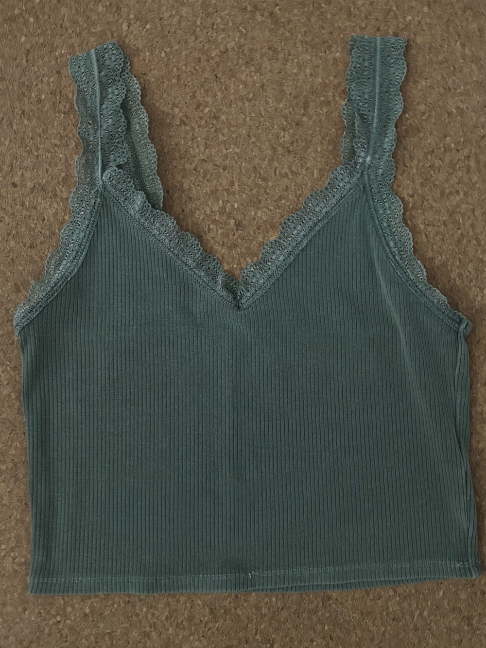 Lace Trim Ribbed Green Top